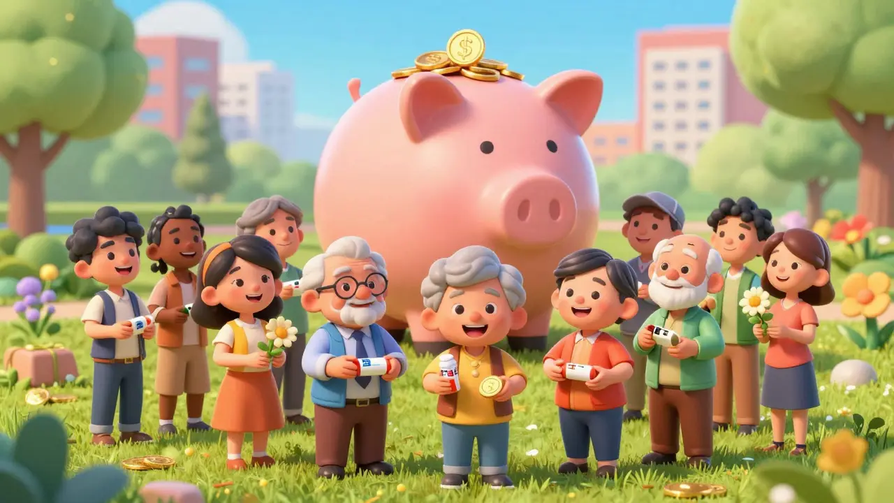 Happy families holding prescriptions turning into coins in Pixar style
