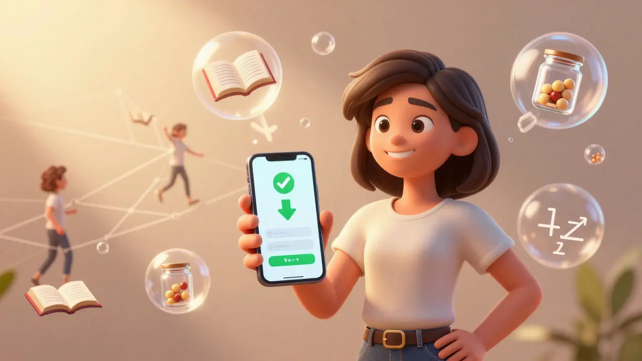 Happy Pixar-style consumer using smartphone coupon app to save on medication costs
