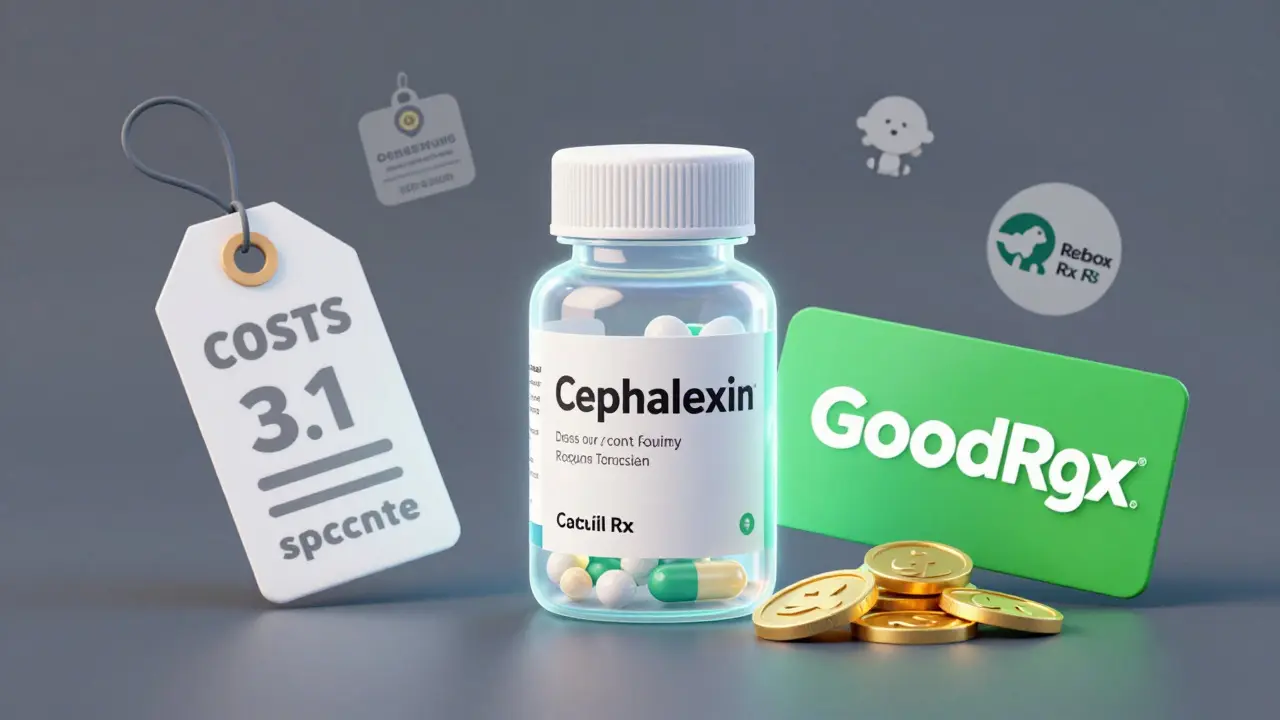 Illustration showing discounted antibiotic prices with coupons and pharmacy icons