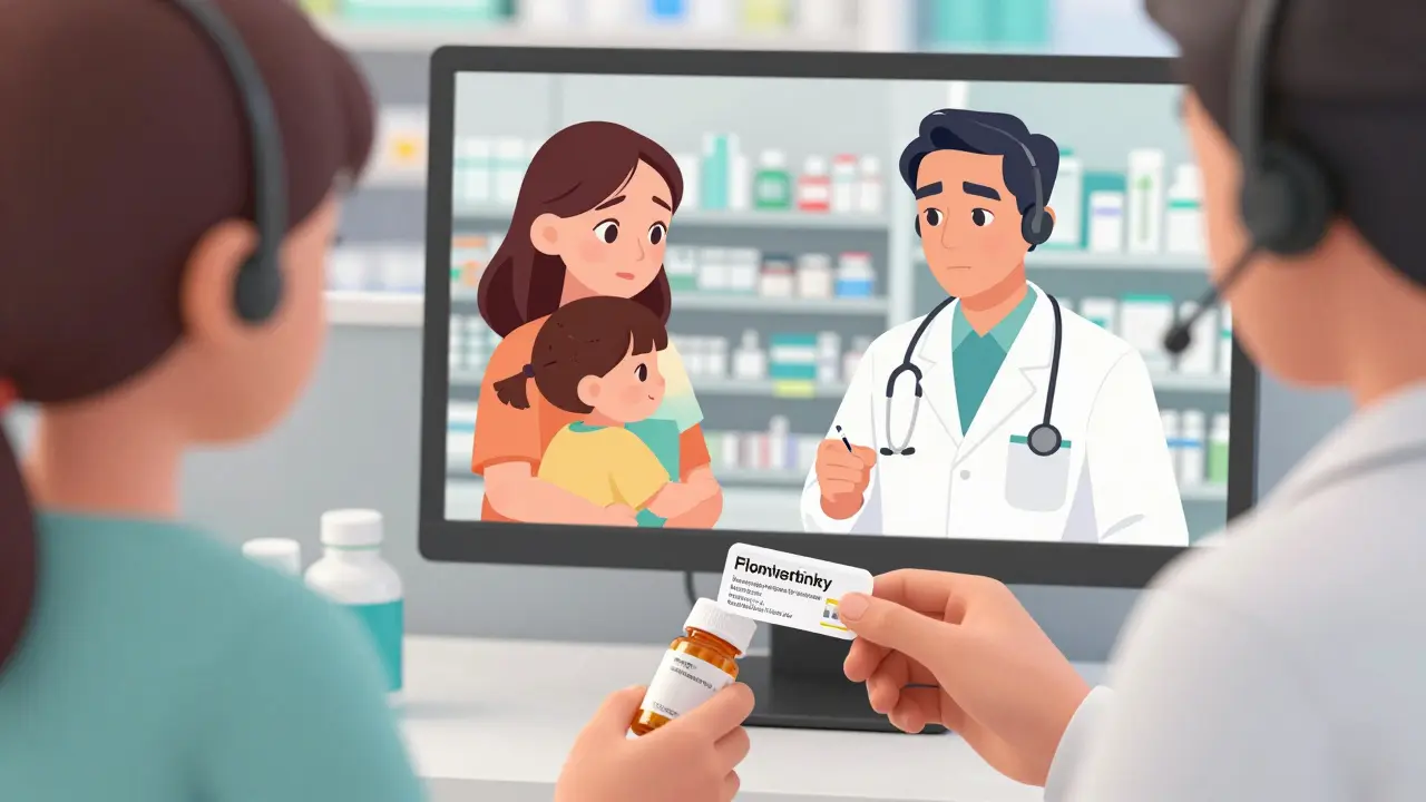 Interpreter on screen helping mother understand medication labels in Pixar style.