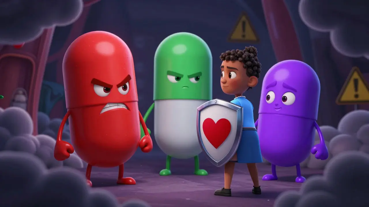 Patient character defending against villainous, toxic medication characters in 3D style.