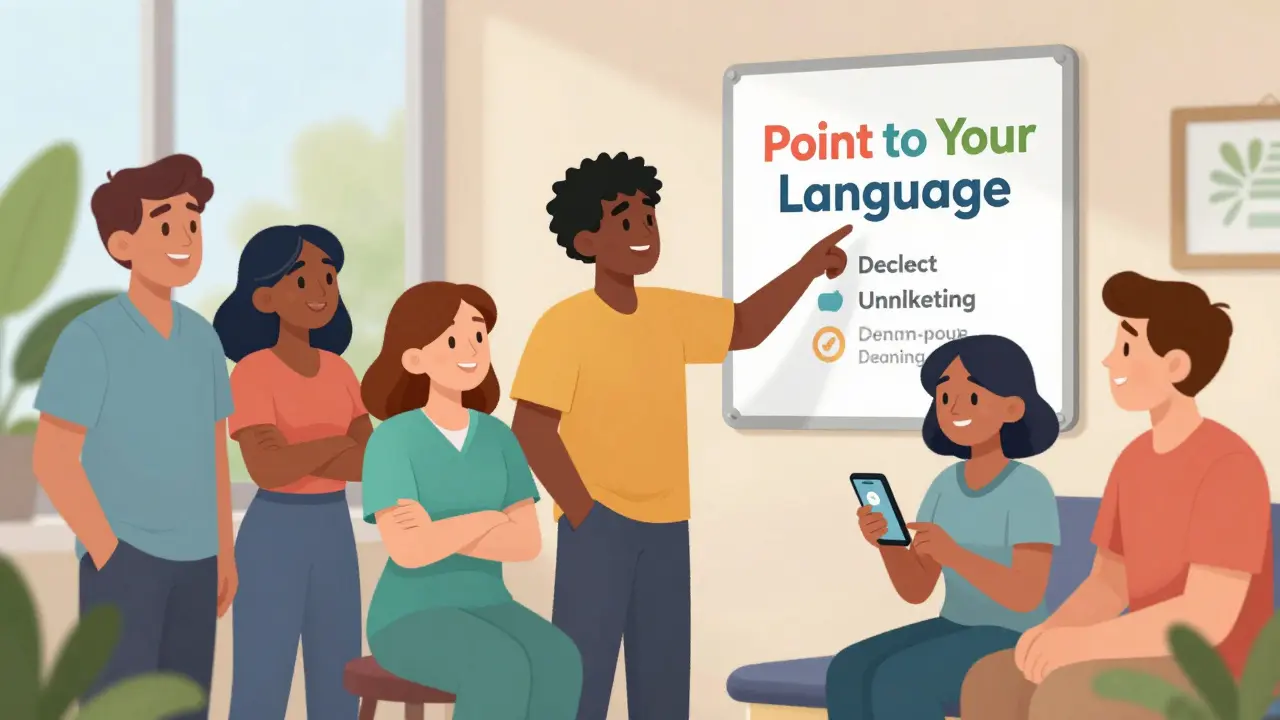 Patients using point-to-language signs and apps for easy healthcare access.