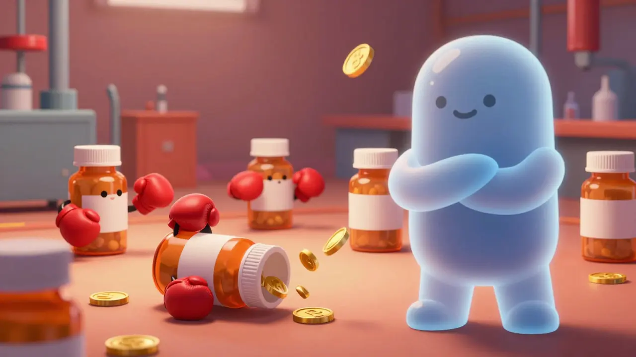 Pixar-style cartoon bottles fighting in price war while shadowy PBM figure pockets money