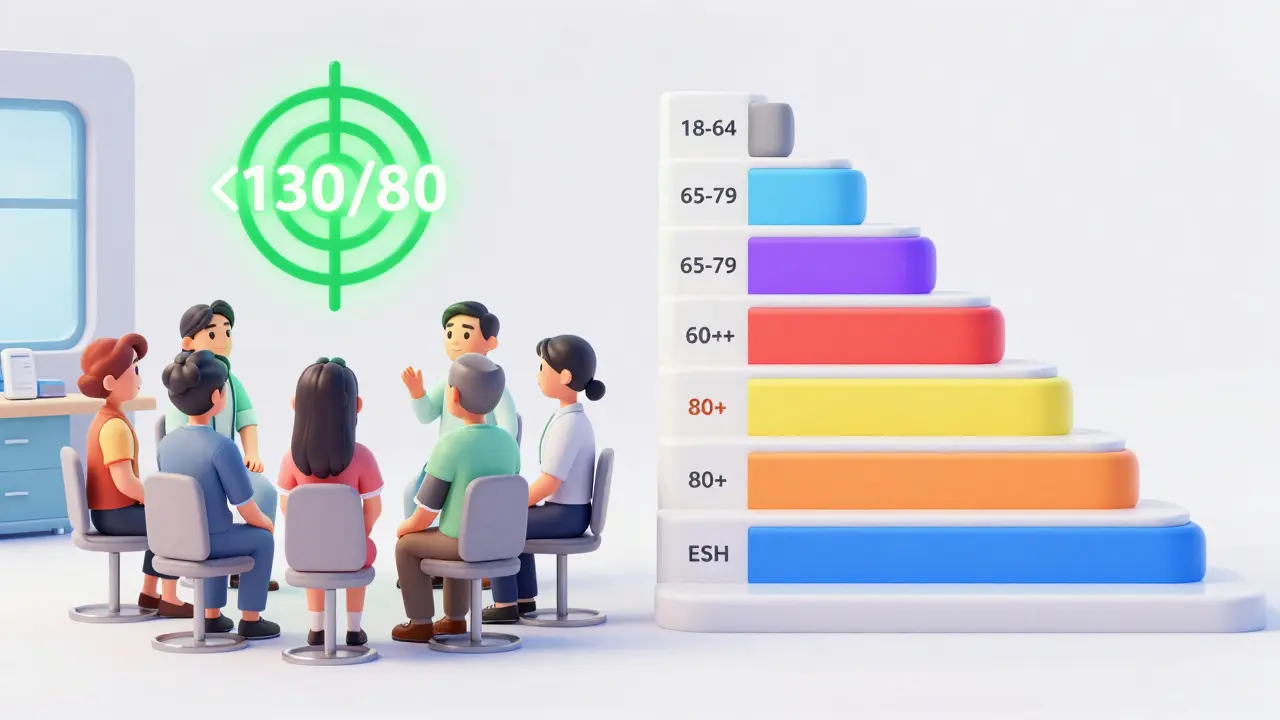 Split view showing uniform vs age-based blood pressure guidelines globally
