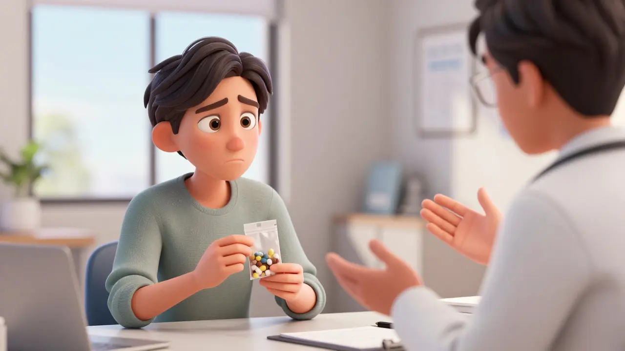 Worried patient hiding supplement use from a doctor in clinic