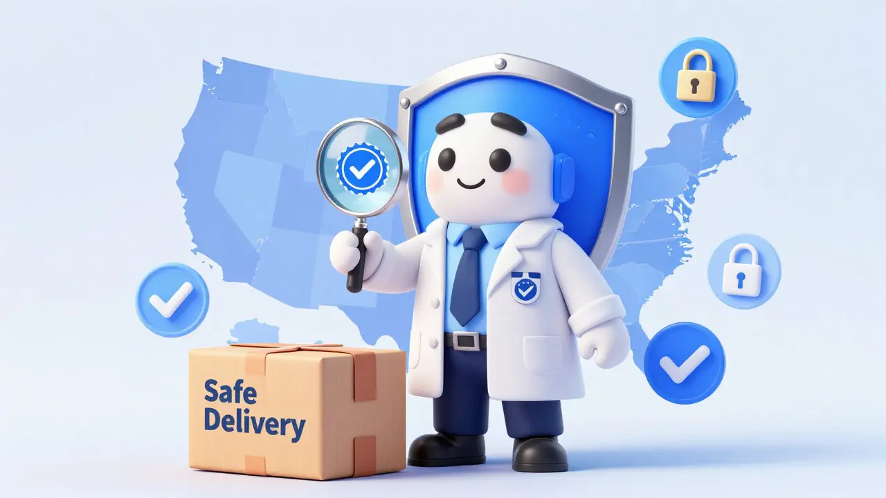A friendly shield character guarding a medication package, representing safe online pharmacy practices.
