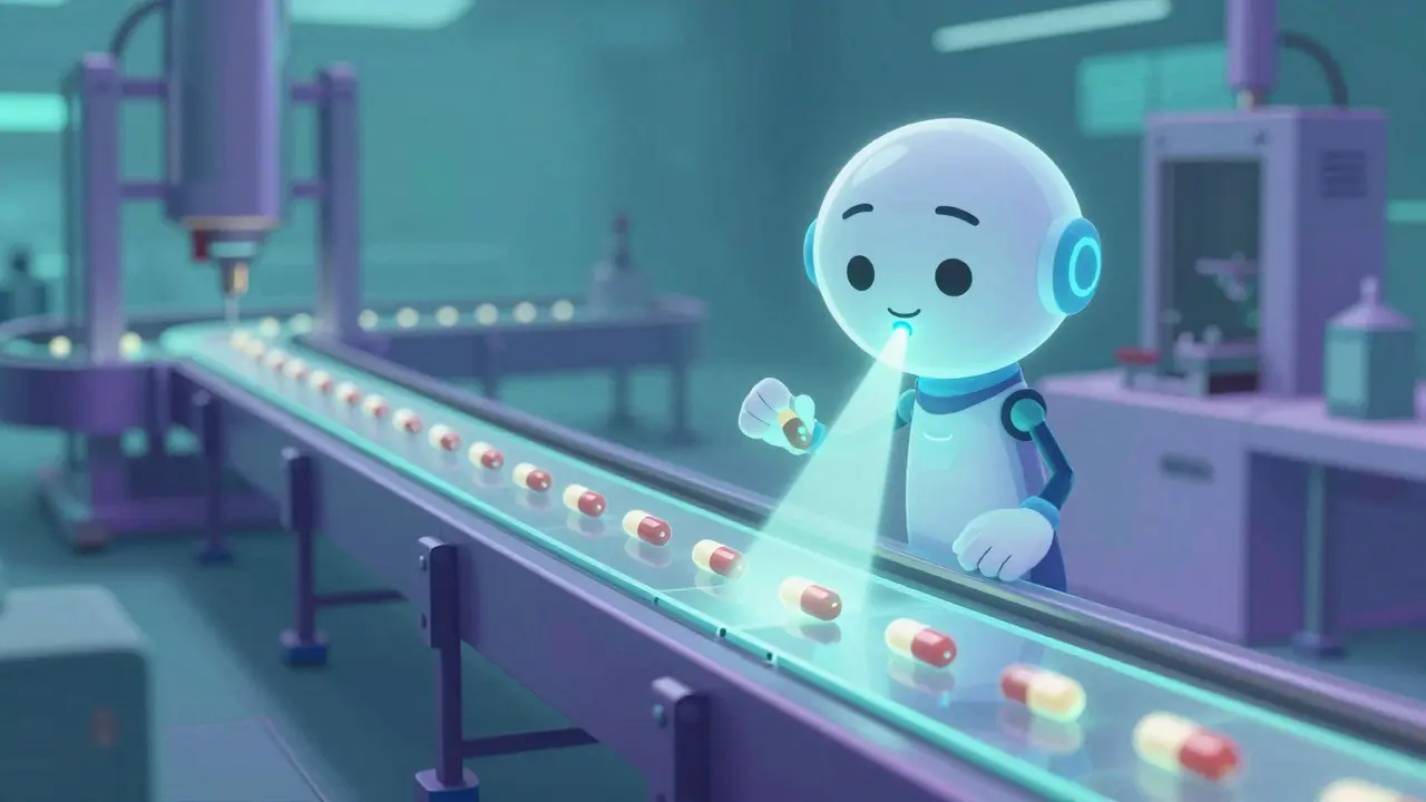 AI analyzing pills on a futuristic continuous manufacturing line.
