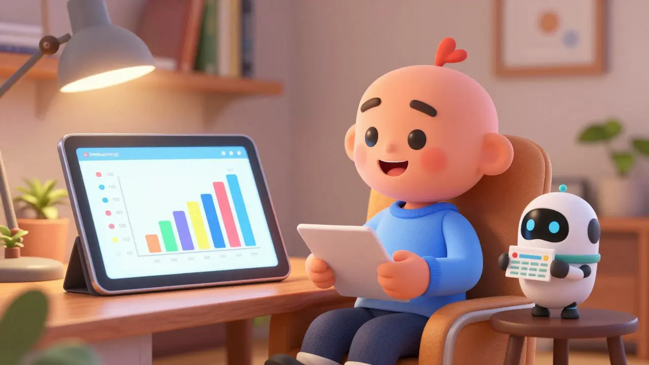 Animated character reviewing pharmacy price comparisons on a tablet in a cozy home office.