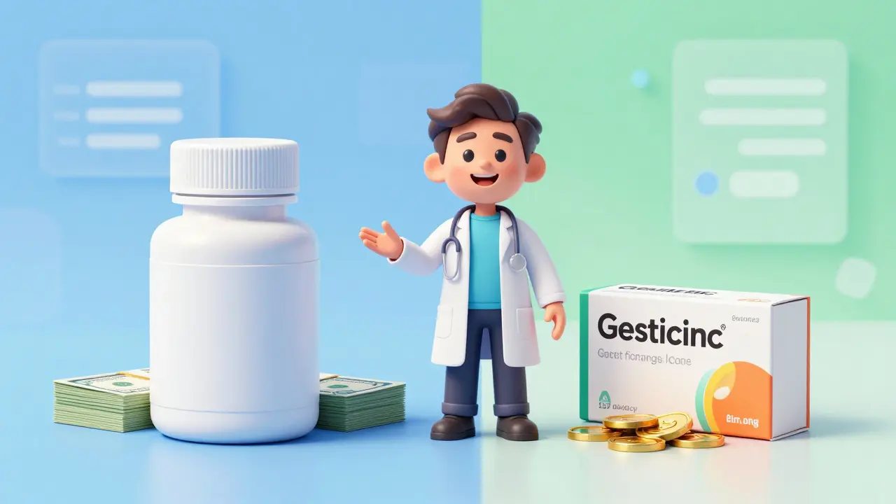 Animated pharmacist comparing generic vs brand medication costs with pills and cash