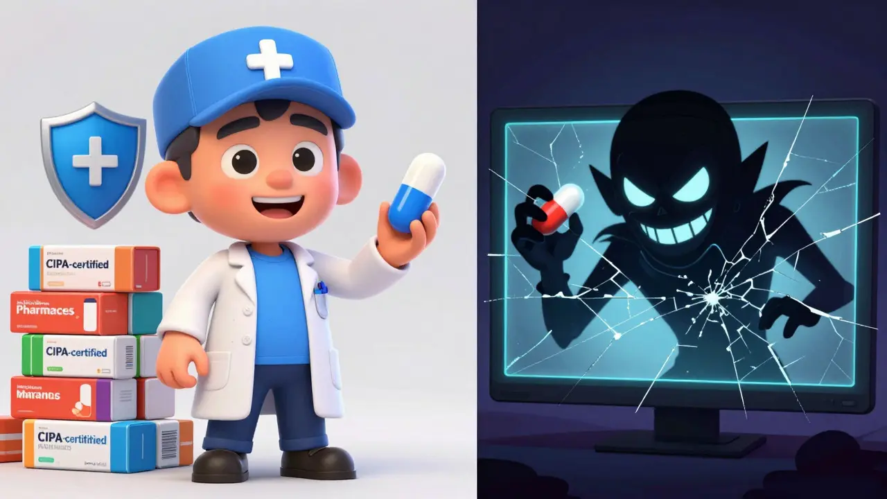Cartoon comparison of safe pharmacist versus shady villain selling fake pills