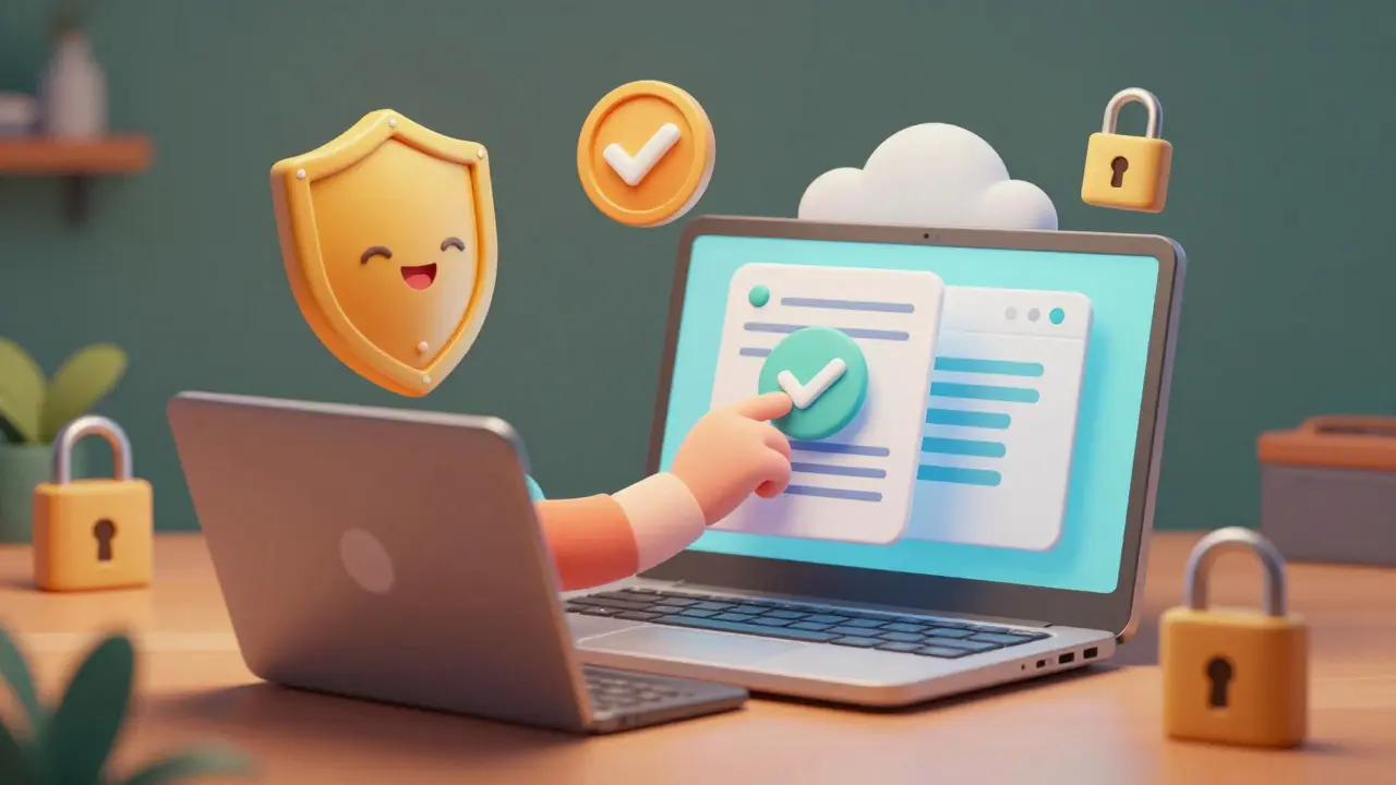 Character securely uploading prescription documents to a cloud portal with shield icons