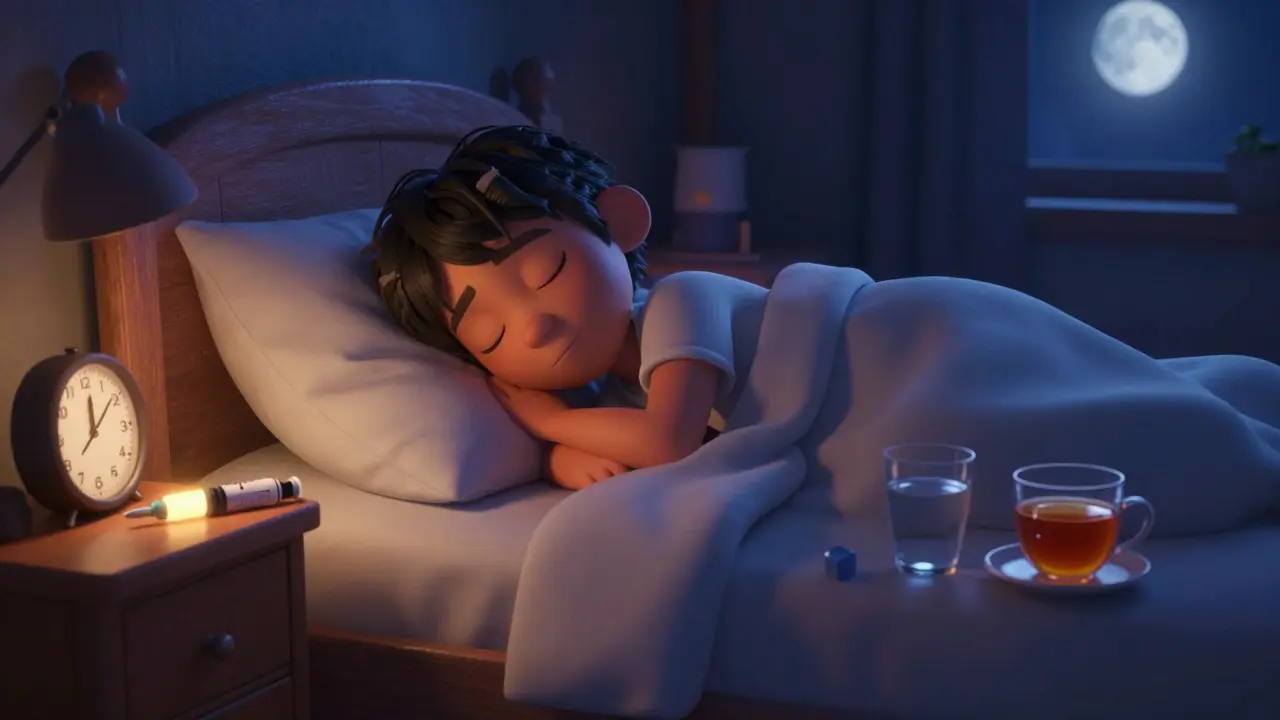 Character sleeping peacefully after taking nighttime injection