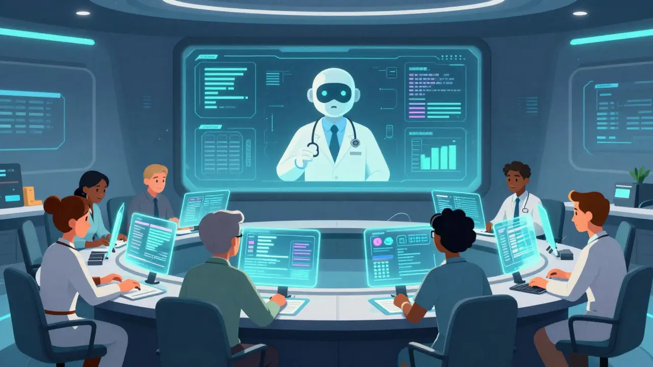 Compliance team using holographic interfaces for remote FDA regulatory assessment review.