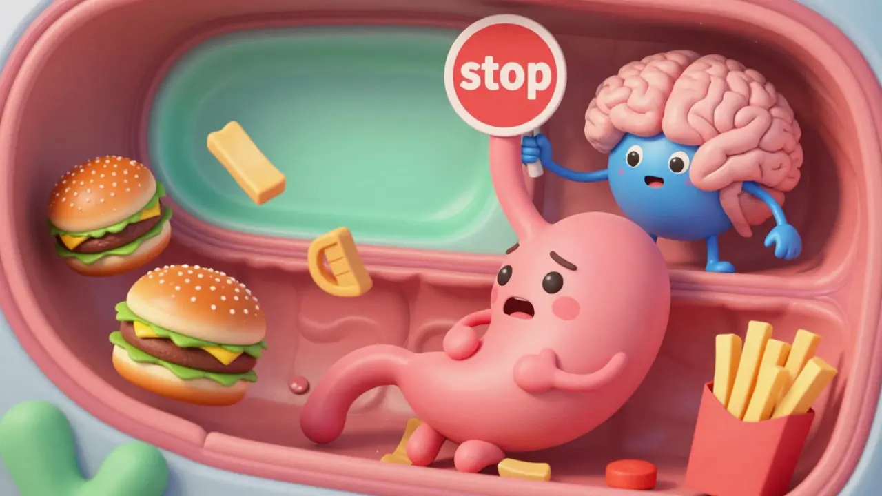 Cute cartoon stomach showing slowed digestion causing nausea