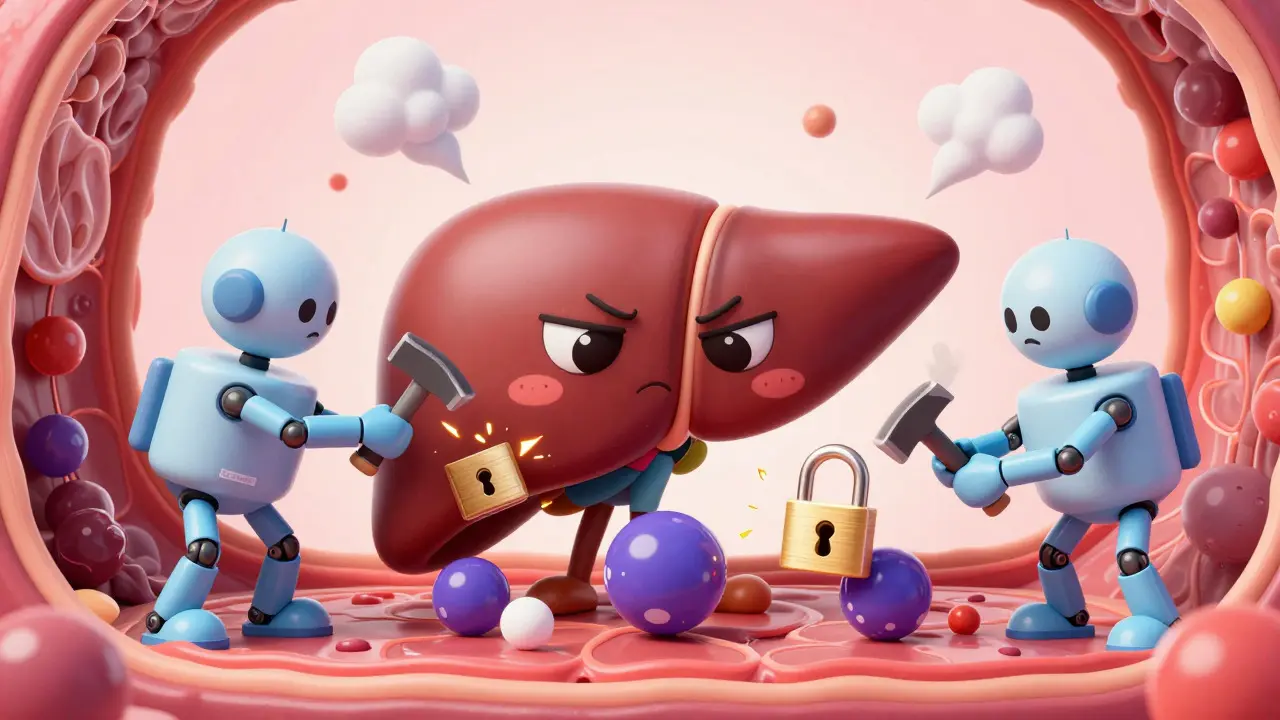 Cute liver character stressed by duplicate drug workers hammering the same enzyme.