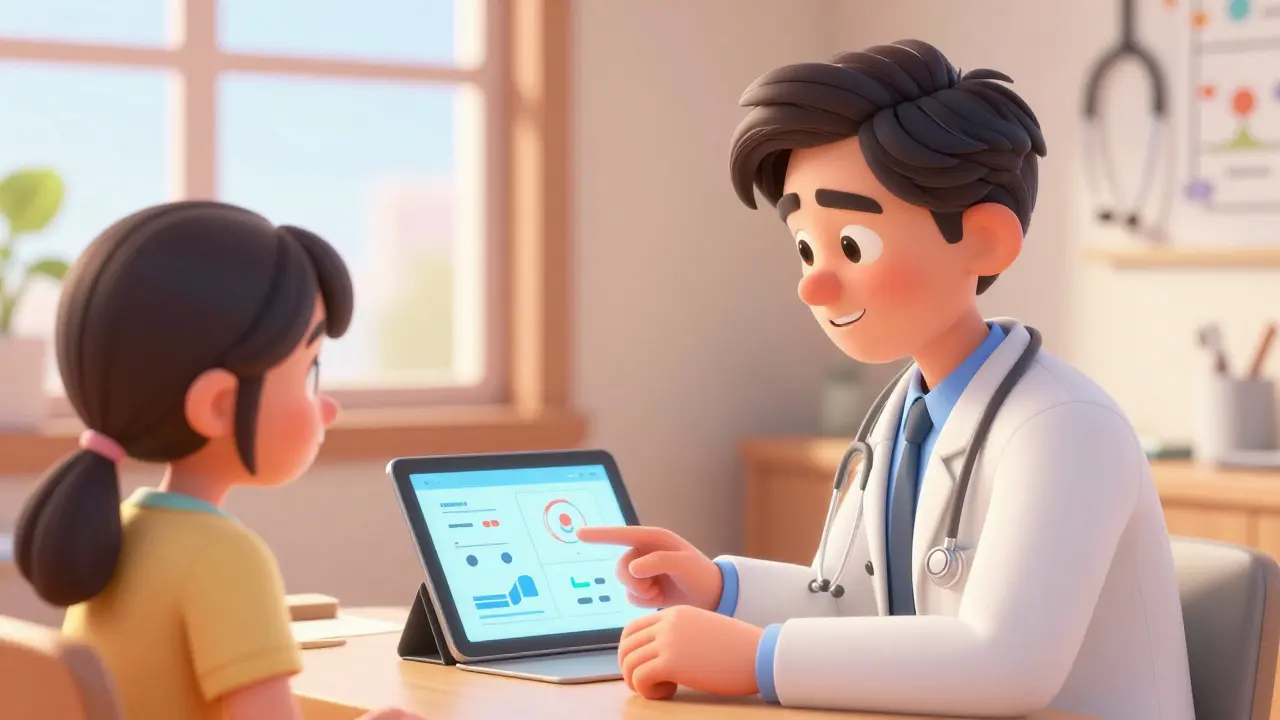 Doctor and patient review medication outcomes on tablet