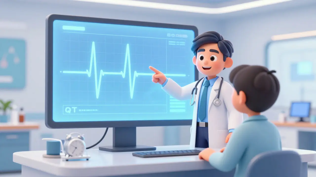 Doctor explaining heart rhythm graph to patient in clinic