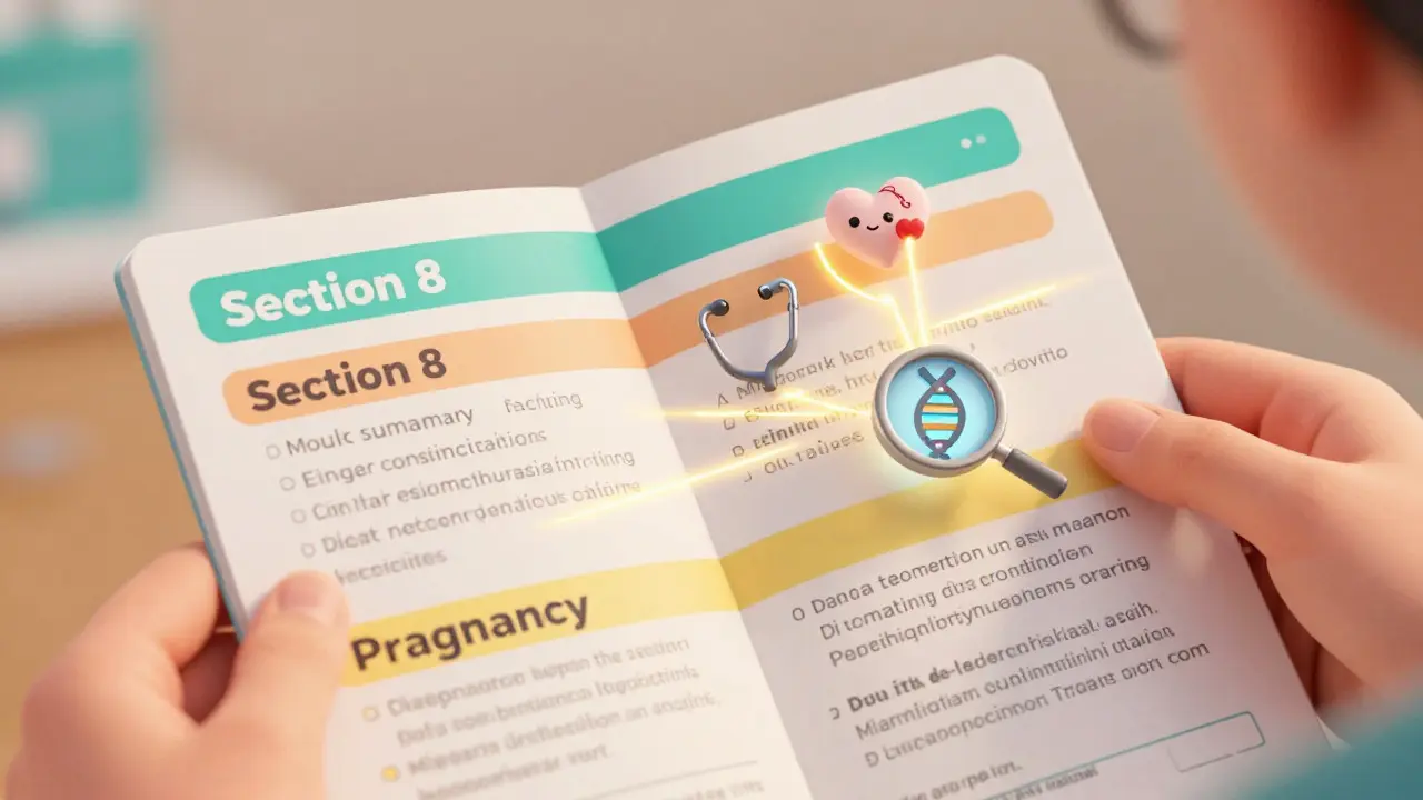 Hands holding drug leaflet with glowing icons explaining new labeling sections.