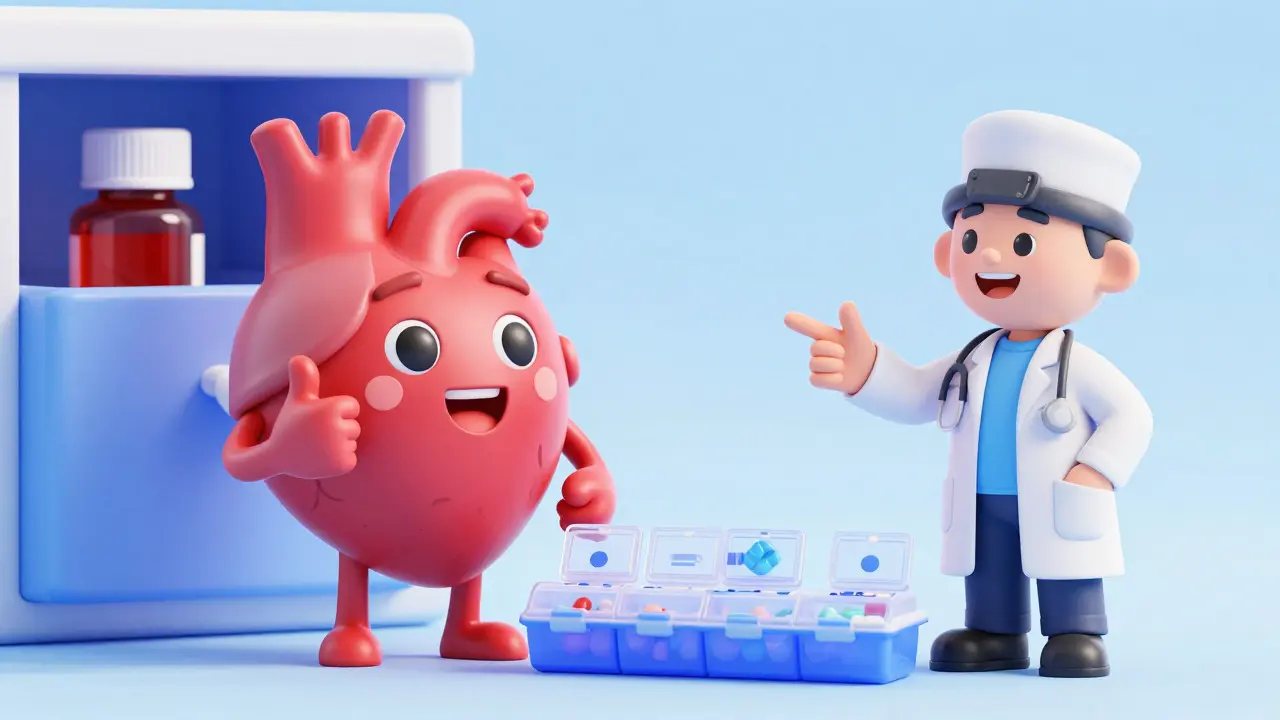 Happy heart character and doctor approving safe statin use, avoiding supplements.
