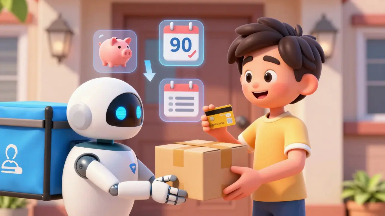 Happy person receiving medication package with symbols of savings and security