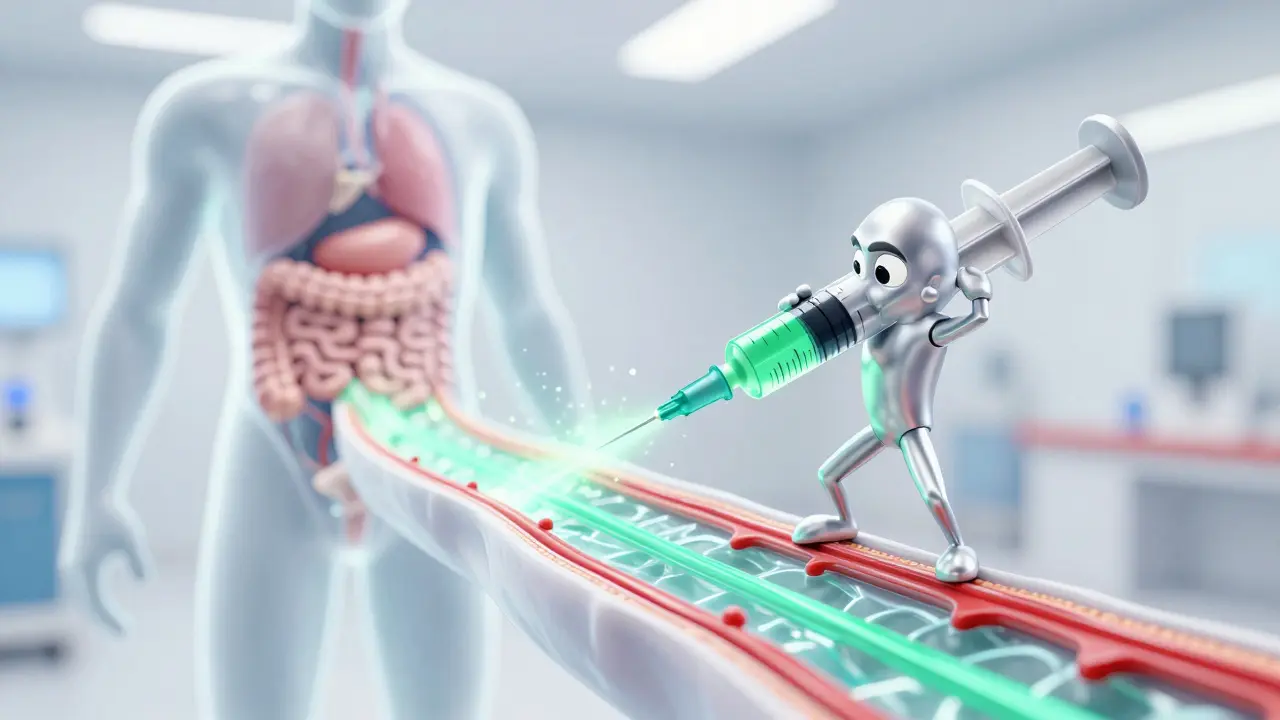 Heroic syringe injecting medicine directly into bloodstream
