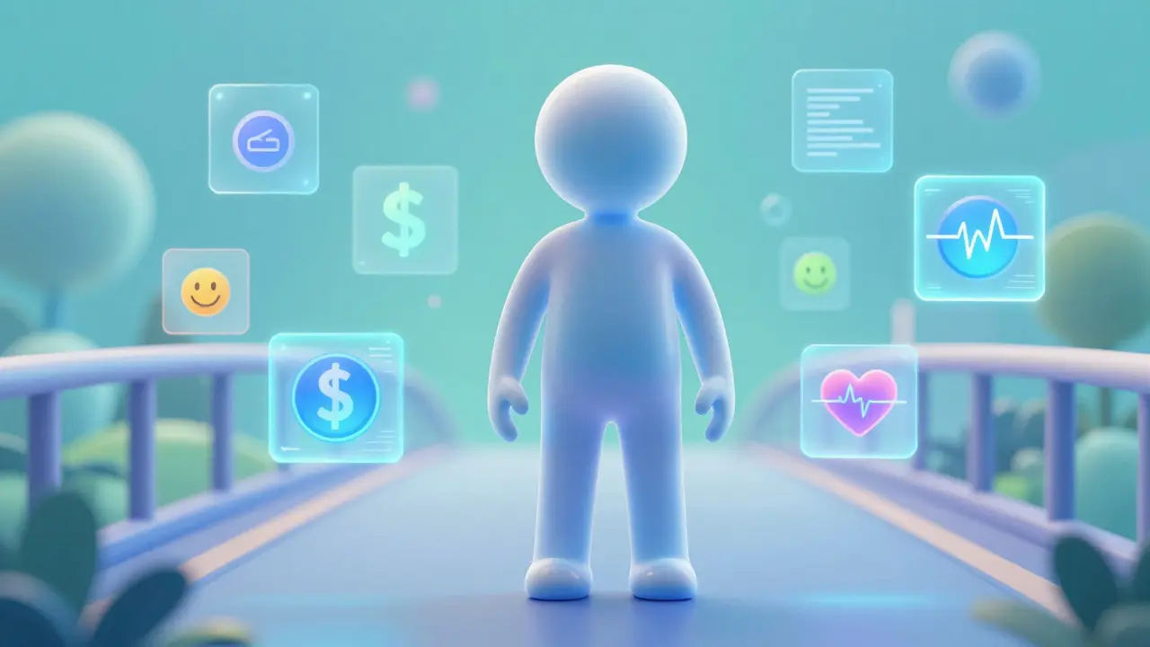 Holographic icons surround patient showing health economics