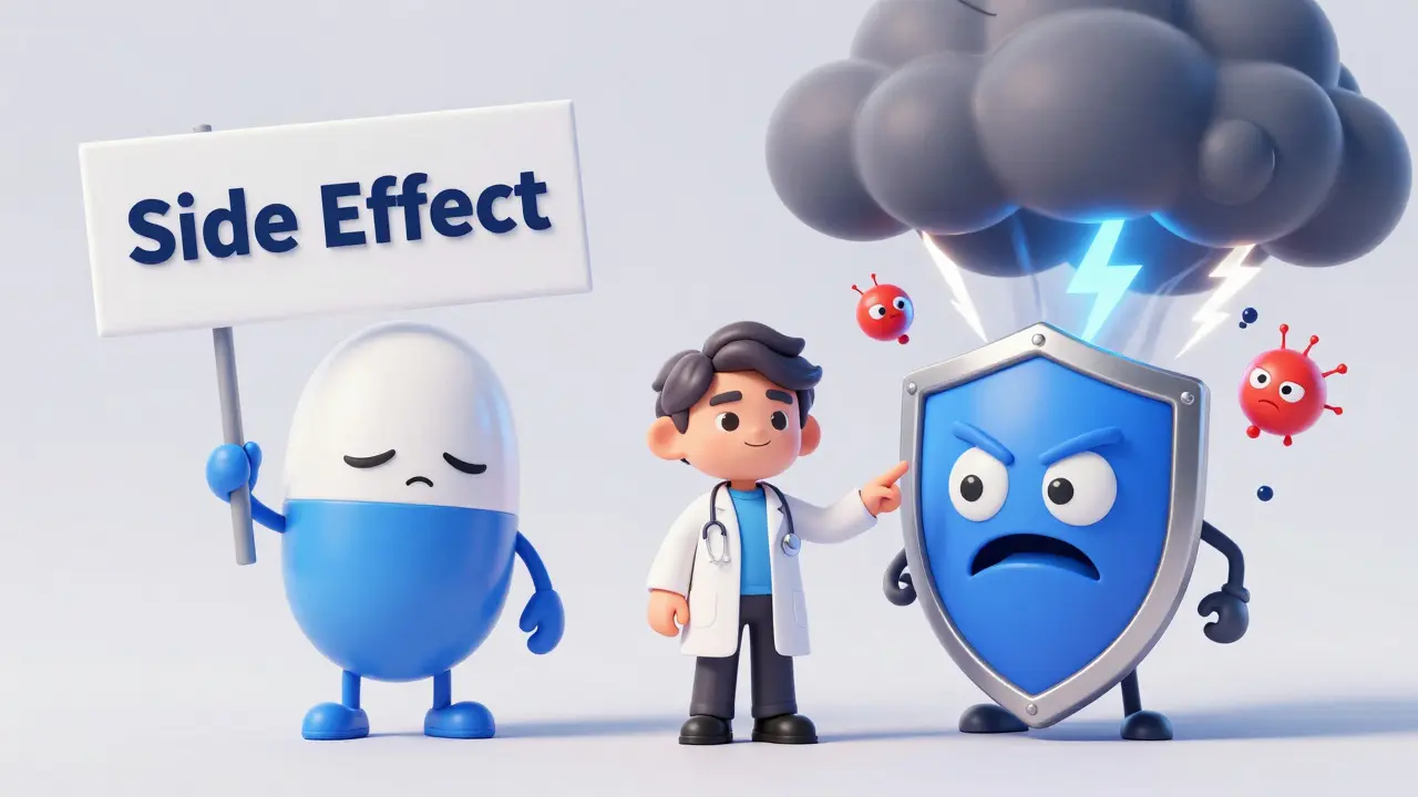 Illustration comparing drug side effects vs true allergies
