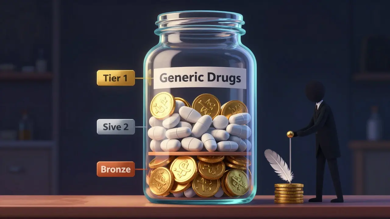 Illustration showing identical pills sorted by cost tiers based on rebates.