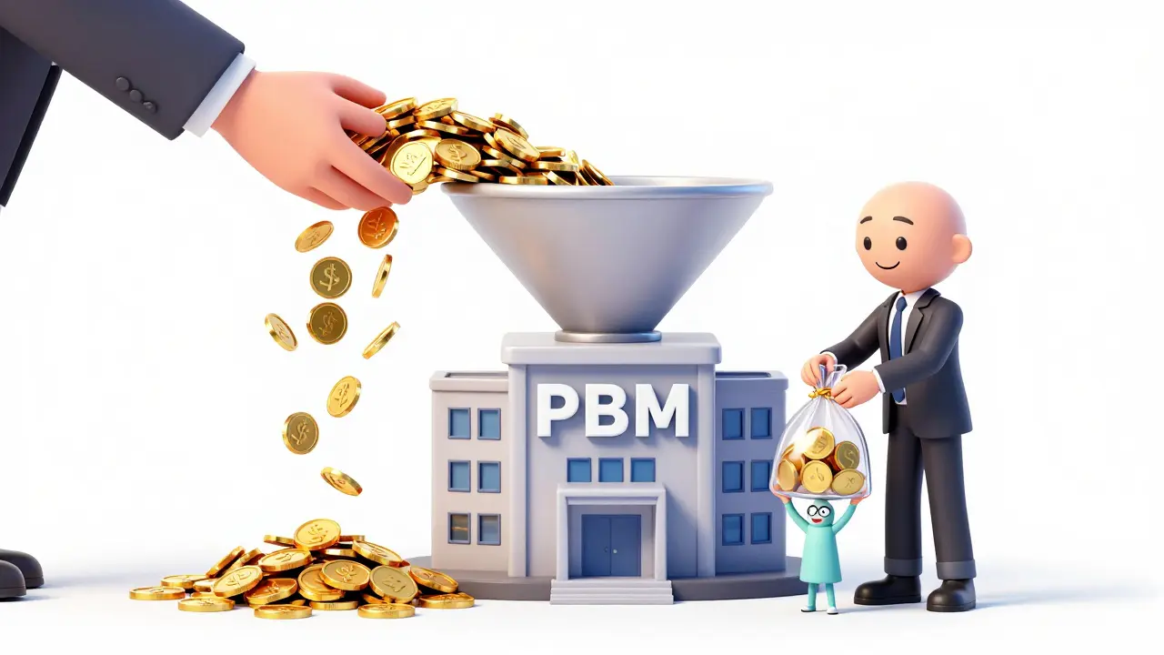 Illustration showing PBM taking profit difference between insurer payment and pharmacy reimbursement.
