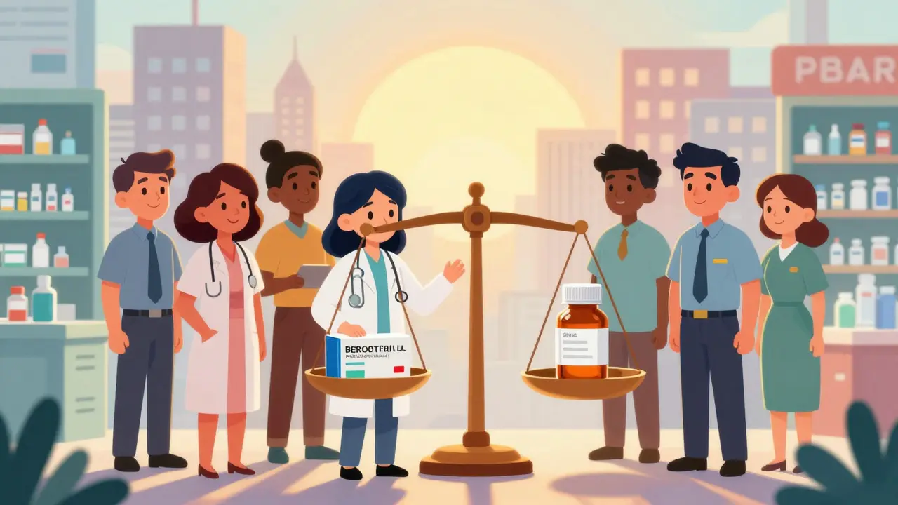 Optimistic Pixar scene of balanced scales representing fair pharmacy reimbursement and transparency.