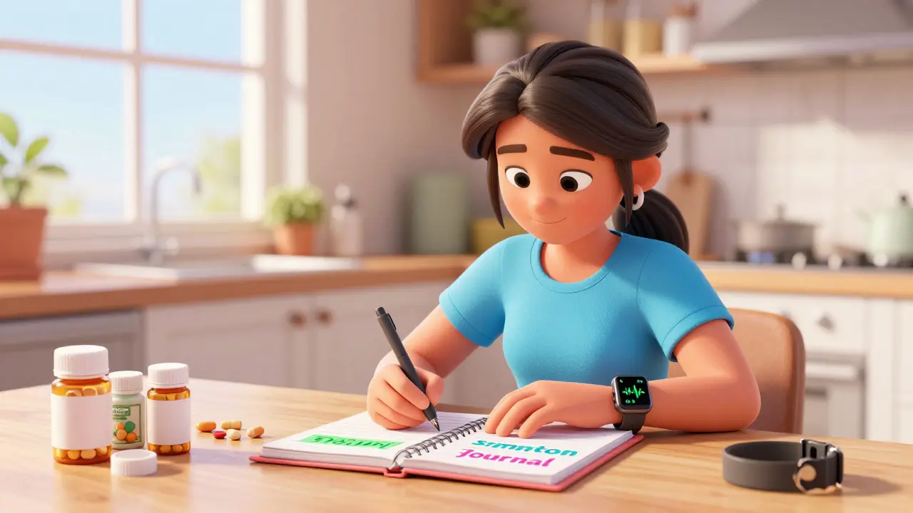 Patient writing in health journal next to organized meds
