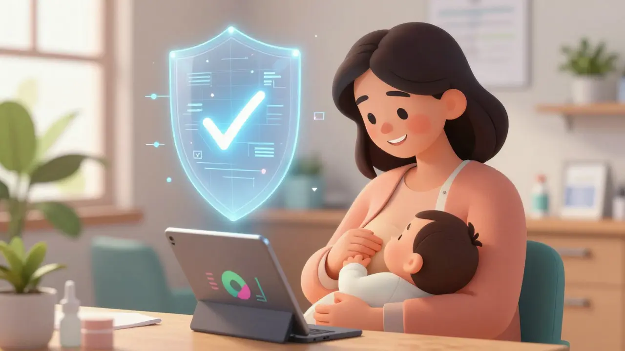 Pharmacist helping breastfeeding mother understand medication safety on tablet.