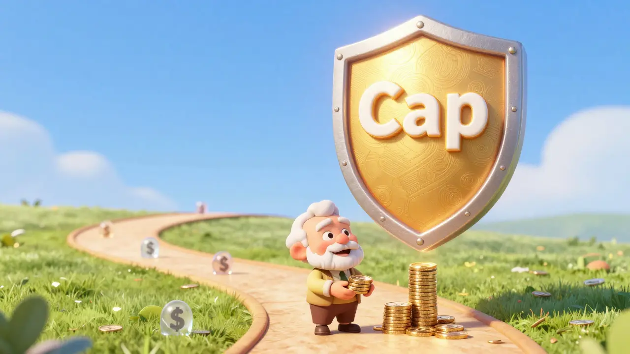 Senior citizen reaching a financial safety cap on a symbolic path.