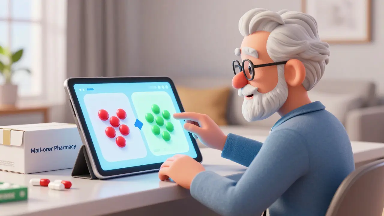 Senior comparing generic vs brand costs on a digital tablet.