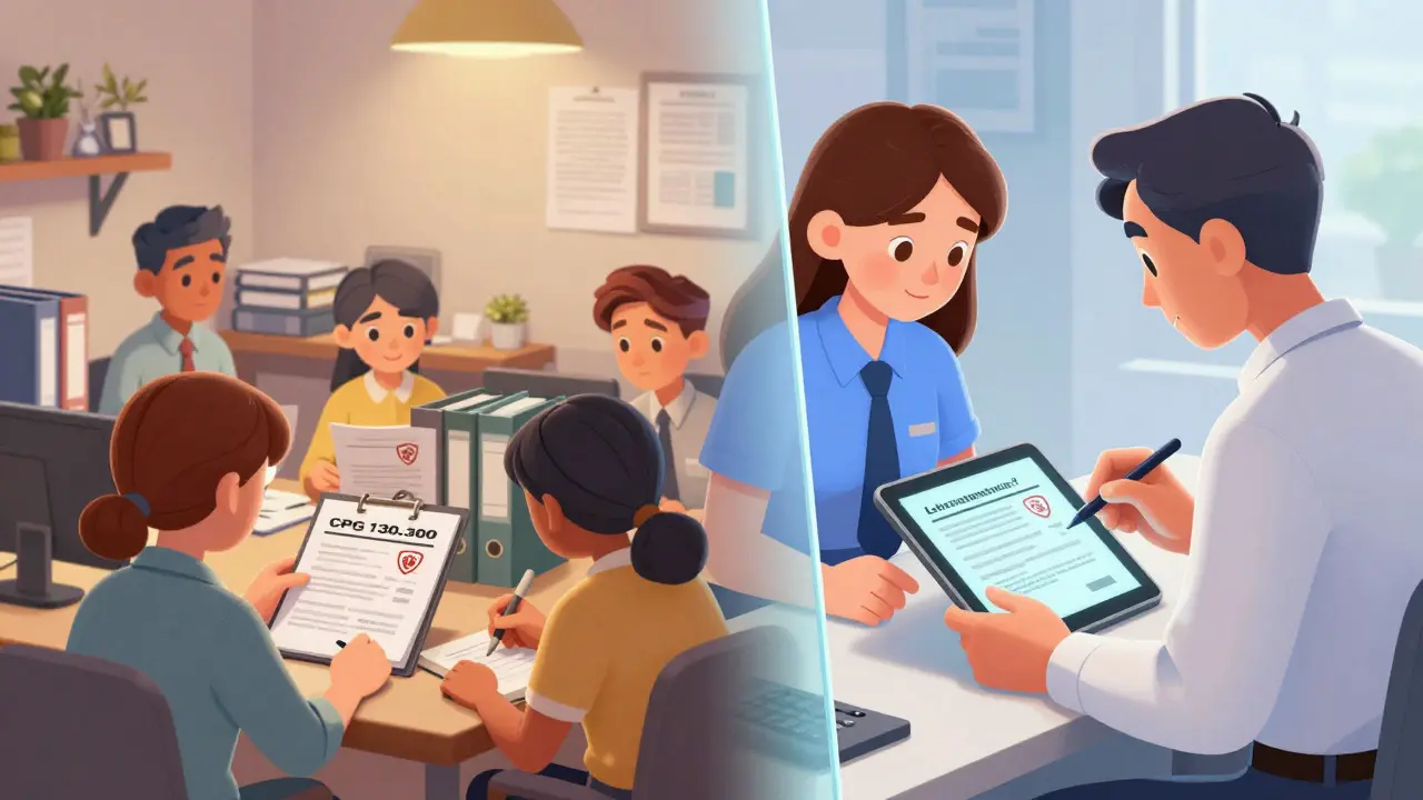 Split view showing protected internal audit files versus open inspection records in a Pixar style.