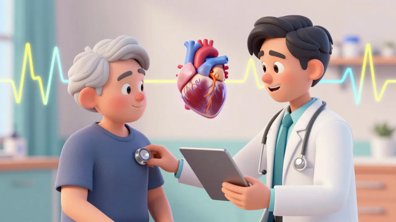 Animated doctor examining a patient with floating electrical signal visuals around a heart