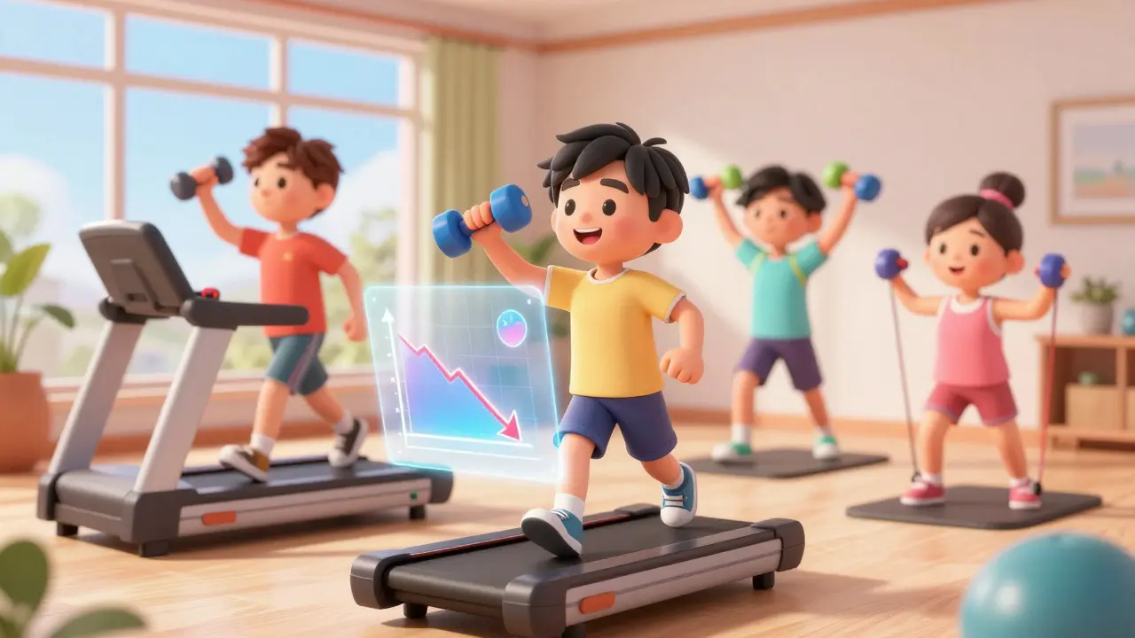 Animated people exercising in a bright home gym with a floating health graph