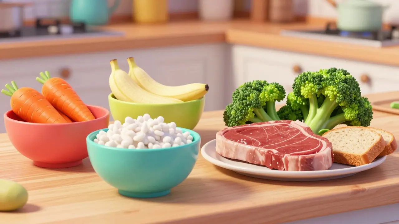 Bowl of soft gastroparesis-safe foods vs avoided items
