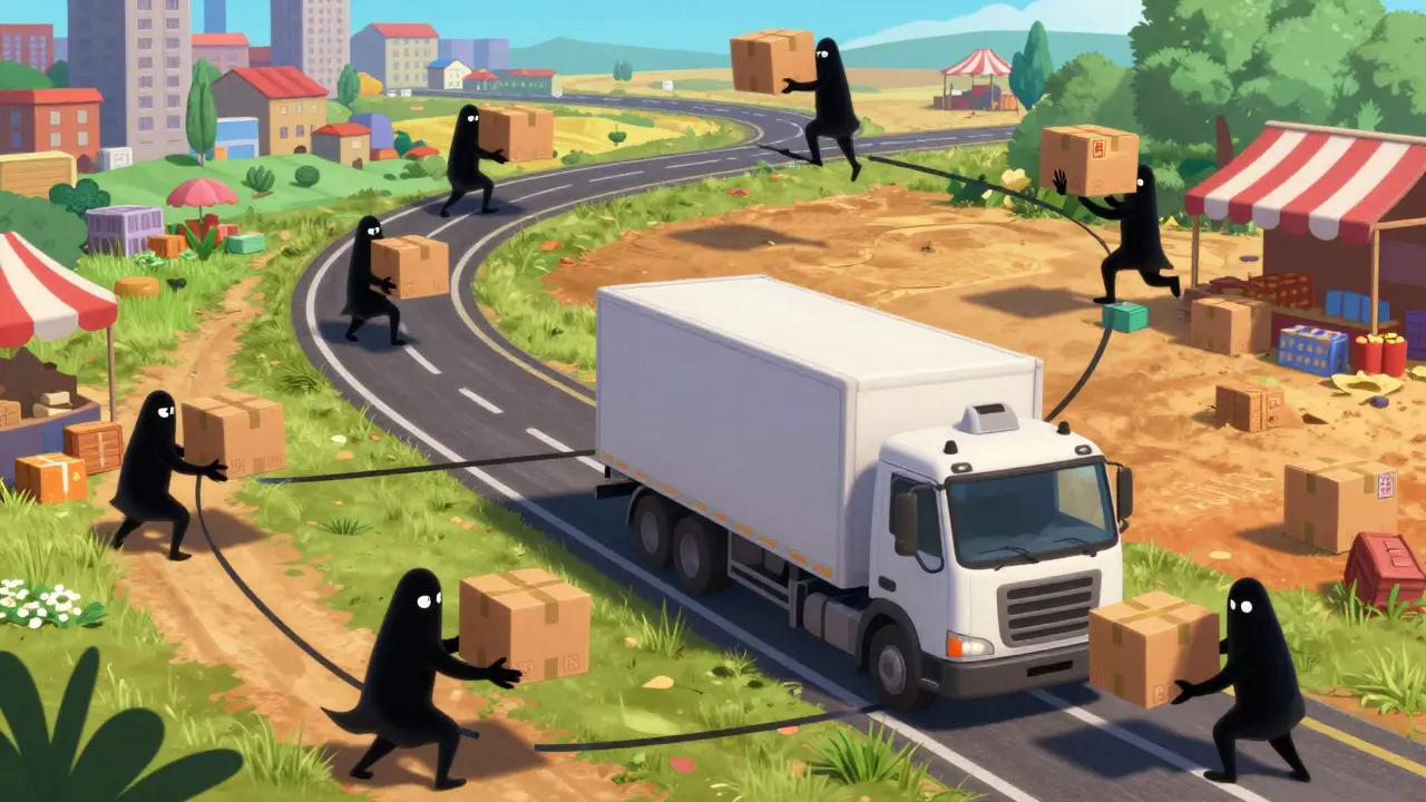 Cartoon truck passes through market stalls where shady figures swap medicine boxes