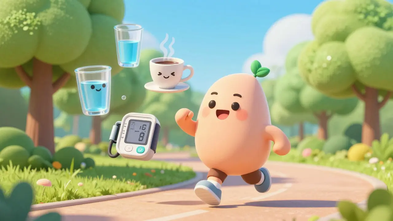 Cheerful character jogging in a park with floating health habit icons like water and a BP cuff