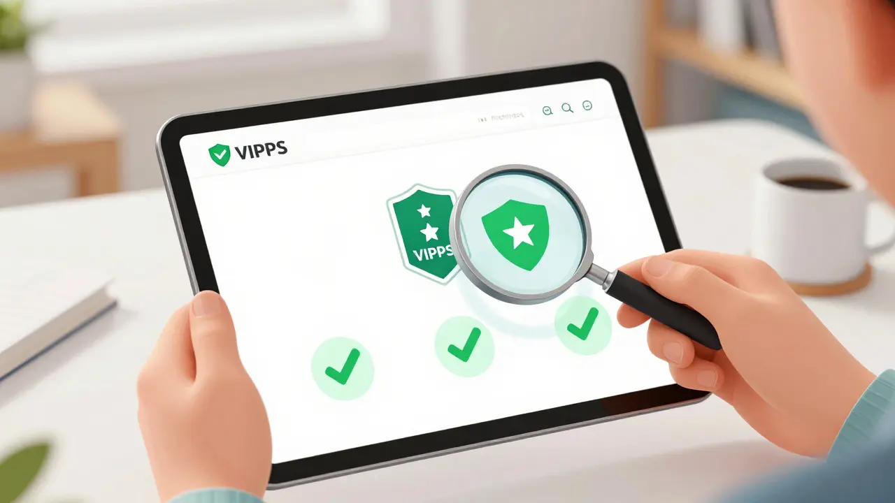 Close-up of verifying an online pharmacy's accreditation seal on a tablet screen.