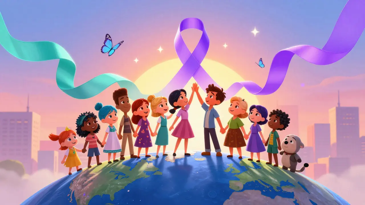 Diverse group celebrating global health progress