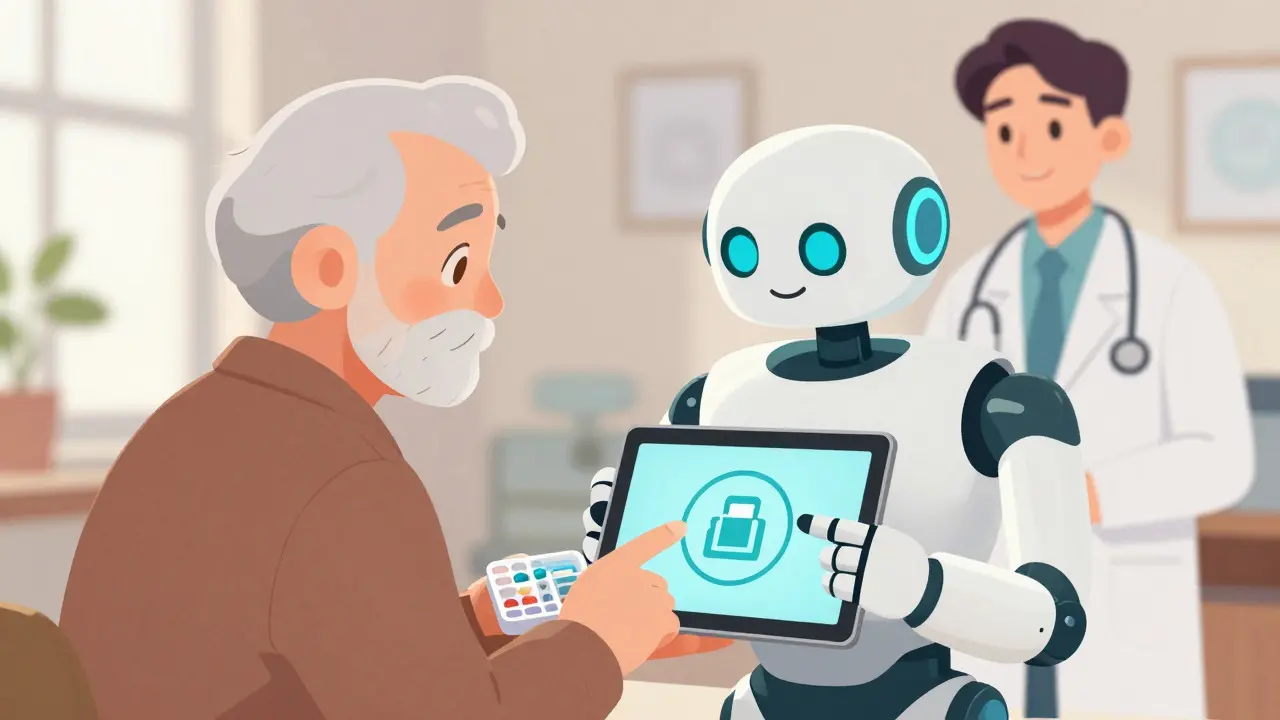 Elderly patient receiving tech support from a cute robot while managing medication.