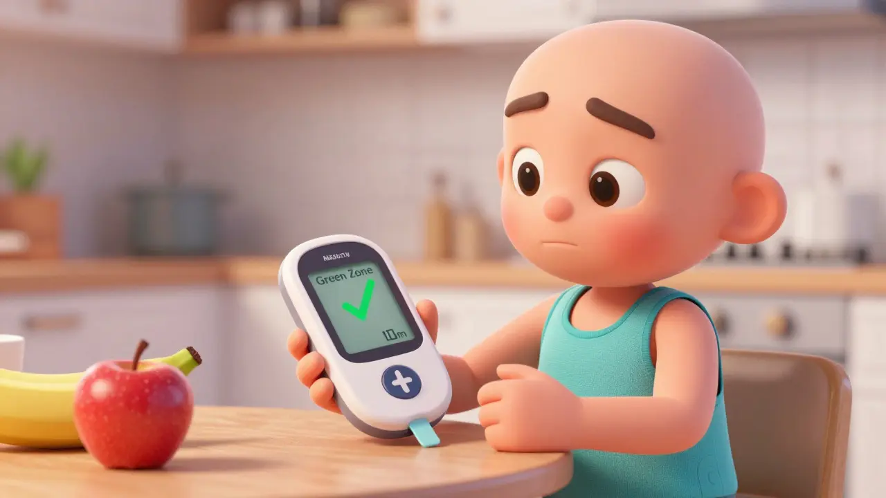 Friendly character checking blood sugar with a glucometer showing a safe green result