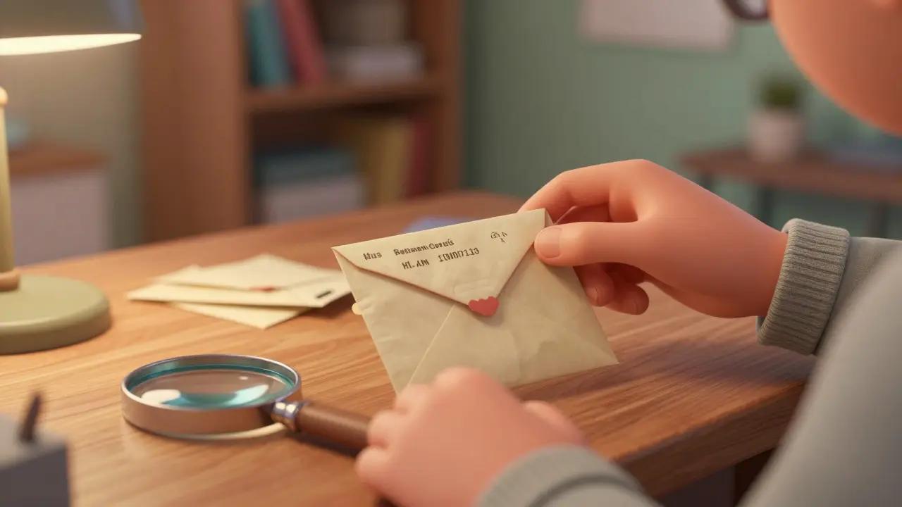 Hand inspecting a medication envelope with a magnifying glass on a desk
