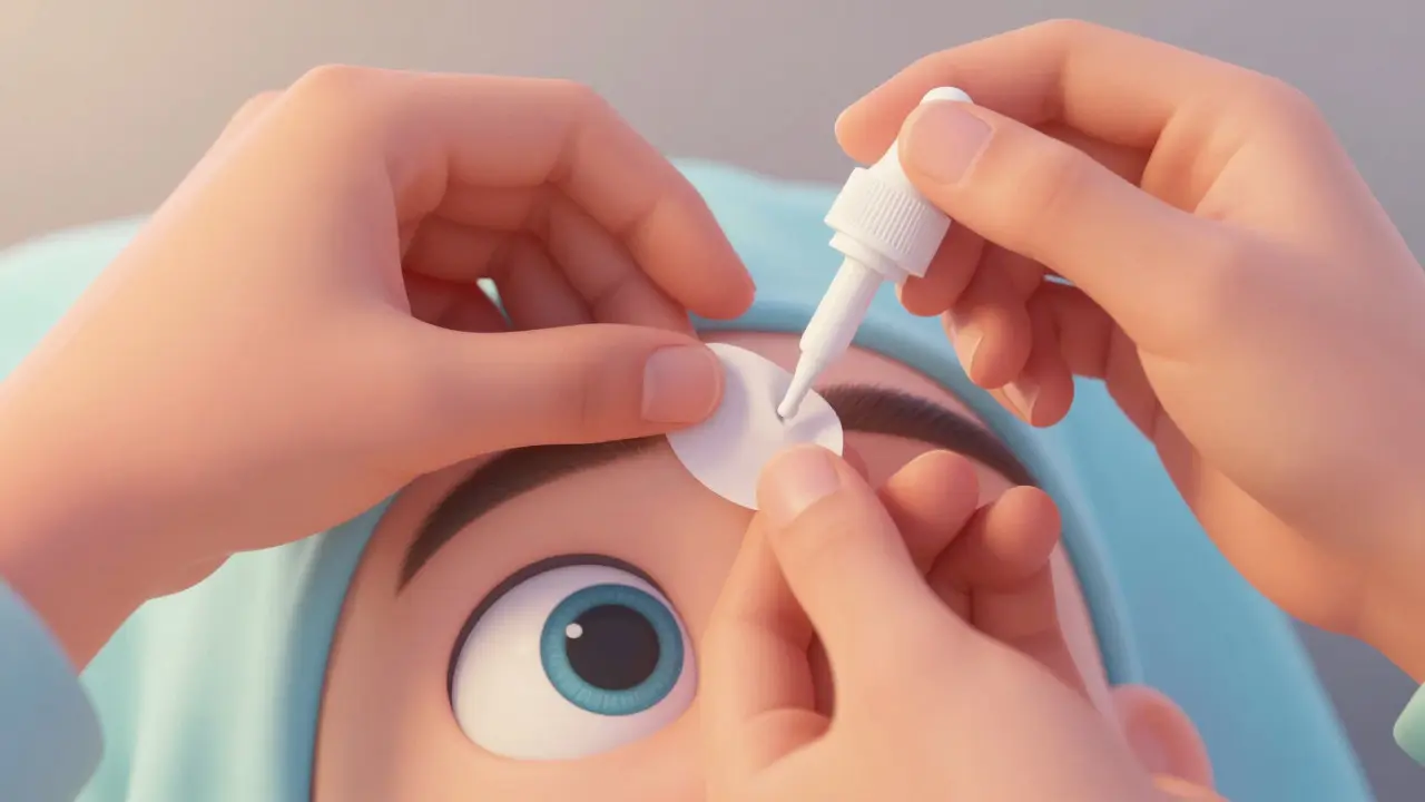 Hands demonstrating proper eye drop application technique in a Pixar style