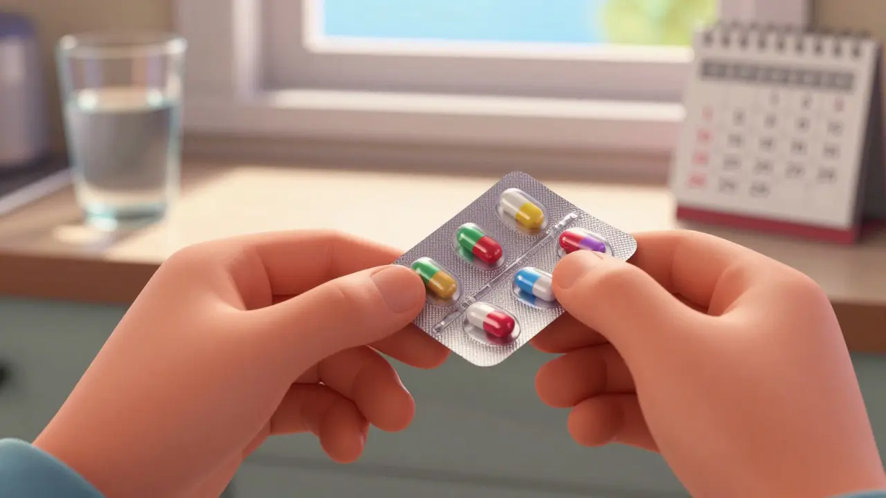 Hands inspecting medication blister pack safely