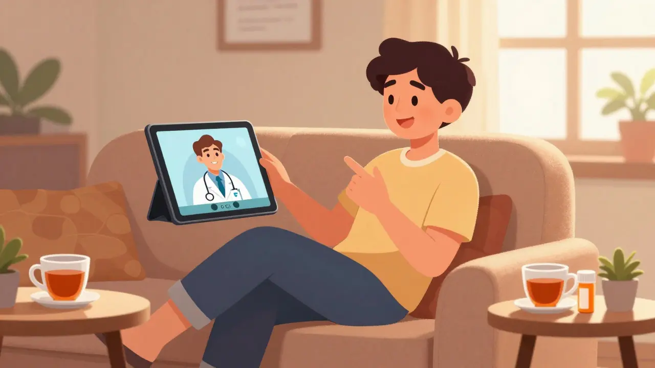 Happy person having a telehealth video call from home in Pixar style