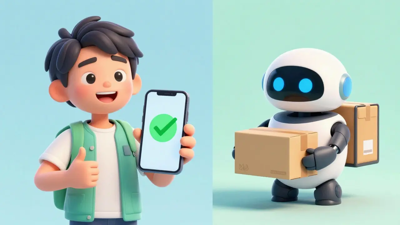 Happy person with phone and delivery robot holding meds