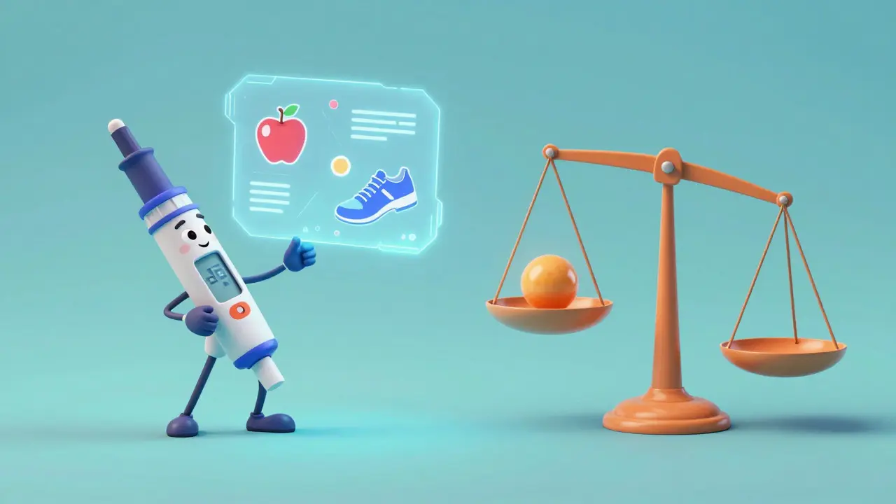 Holographic health icons balancing with medical tools to show enhanced drug effectiveness.